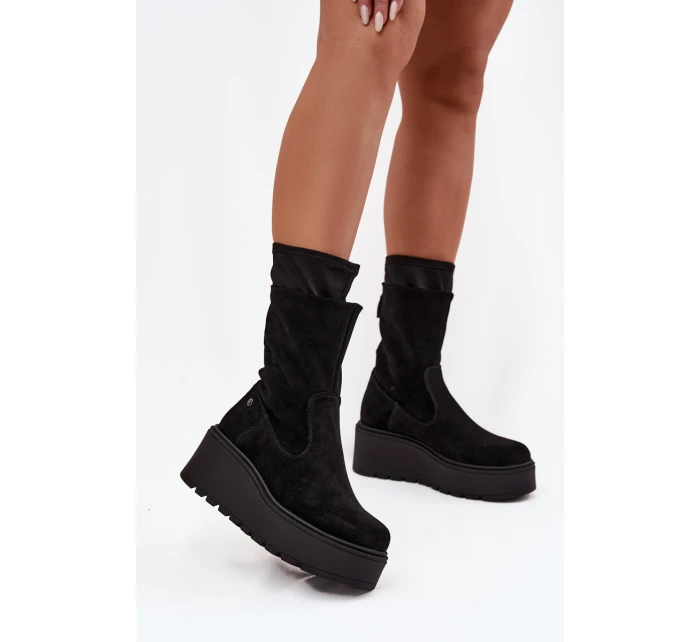 Dámské kožené semišové kotníkové boty na masivní platformě Maciejka A7161-20 Černé