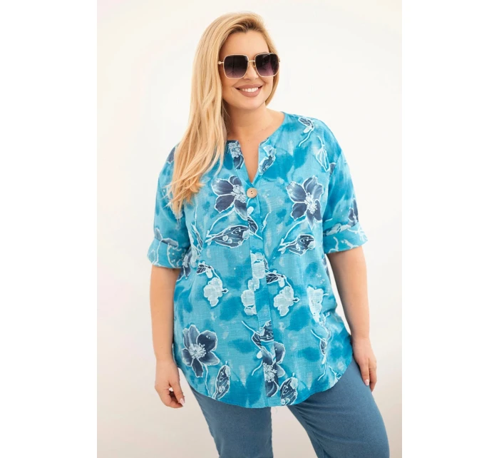 Dámská bavlněná halenka pro plnoštíhlé v květinovém vzoru tyrkysová