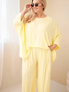 Dámský komplet Plus Size z viskózy se širokými kalhotami a halenkou žlutý
