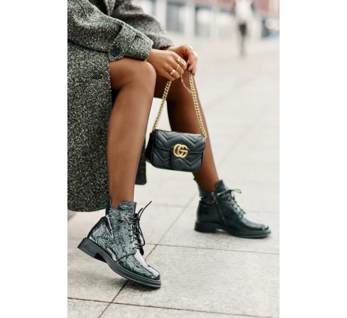 Kožené Lakované Boty Dámské Zateplené Na Zip D&A LZ42-042 Tmavozelené