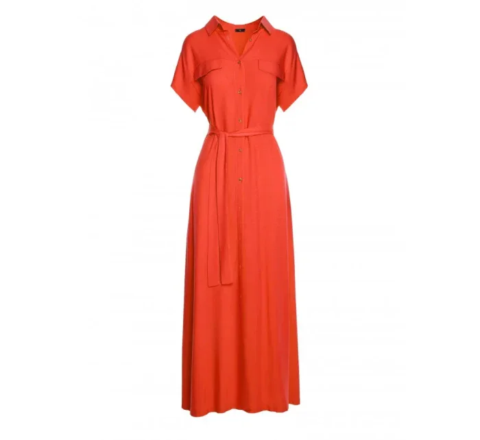 model 19647427 Viskózové maxi košilové šaty korálová barva - STYLOVE