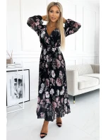 Černé dámské plisované midi šaty s výstřihem, dlouhými rukávy, zavazováním v pase a se vzorem květů model 21883680 - numoco basic