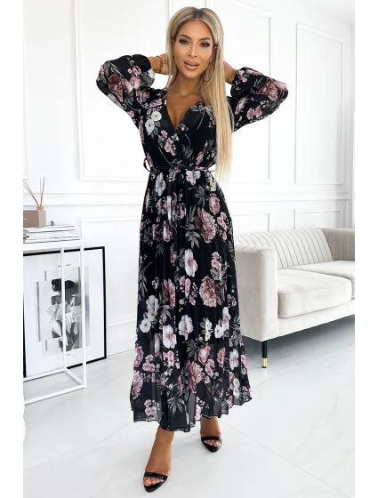 Černé dámské plisované midi šaty s výstřihem, dlouhými rukávy, zavazováním v pase a se vzorem květů model 21883680 - numoco basic