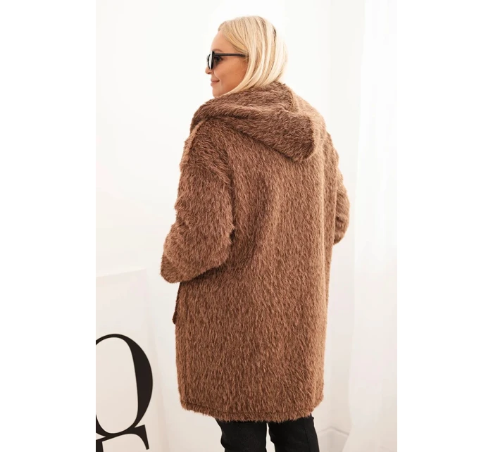 Dámský kabát Plus Size z viskózy na zip s kapucí hnědý
