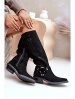 Semišové Kozačky Kovbojky Na Nízkém Podpatku S Dekorací model 21680168 Černé - Zazoo