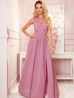 Dlouhé dámské šaty v pudrově růžové barvě s s výstřihem a zavazováním model 16975441 - numoco