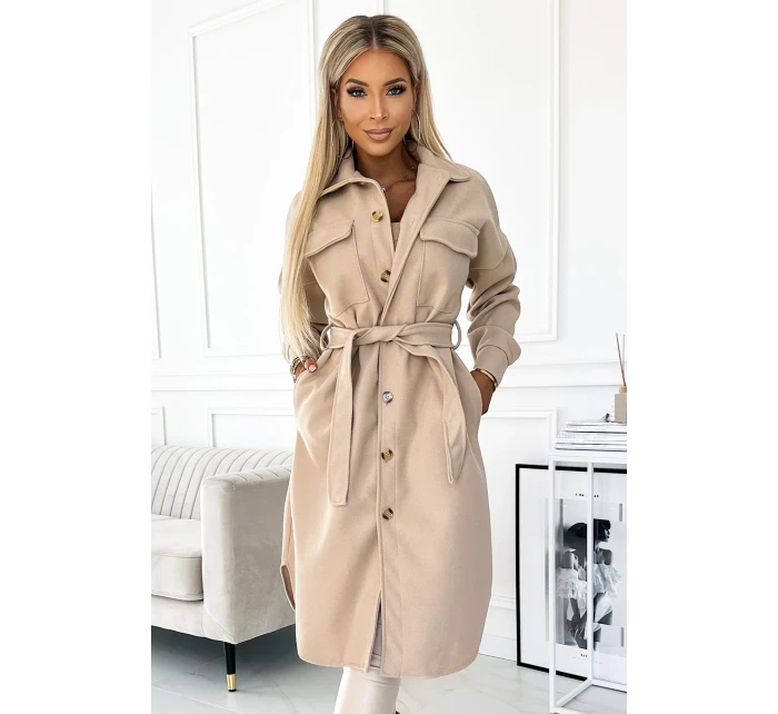 Teplý béžový kabát s knoflíky a zavazováním v pase model 21883682 - numoco basic