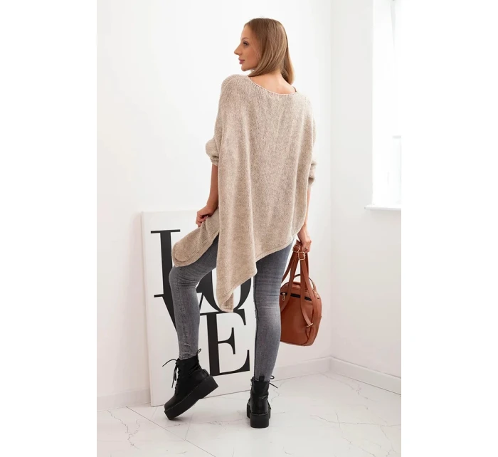 Dámský asymetrický svetr z vlny Plus Size s výstřihem do V tmavě béžový
