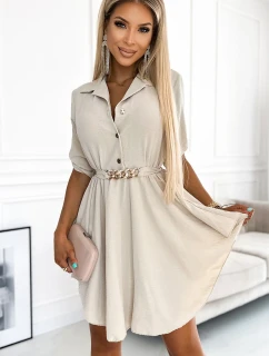 Béžové dámské košilové šaty s knoflíky a zlatým opaskem model 21883676 - numoco basic