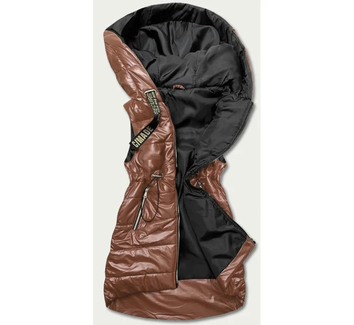 Lesklá vesta v karamelové barvě s kapucí (B8130-14)