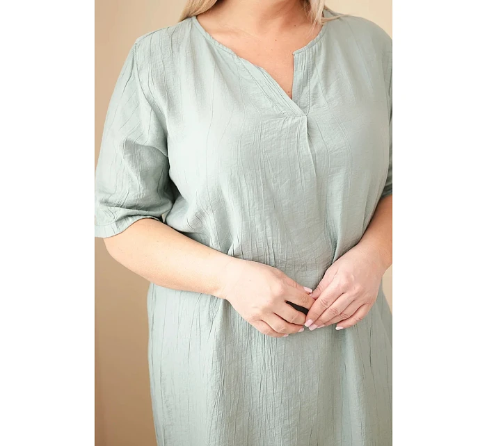 Dámské viskózové šaty Plus Size s krátkým rukávem a výstřihem do V khaki