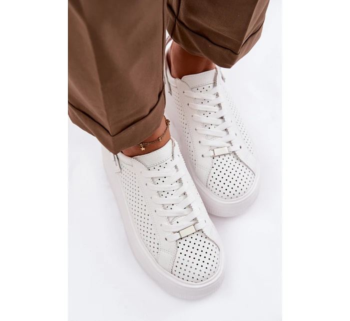 Kožené Ažurové Dámské Tenisky Na Platformě S Páskem Na Patě D&A LR61-7088 Bílé