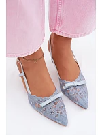 Dámské krajkové sandály na podpatku s mašlí Modré model 22107296 - Boto