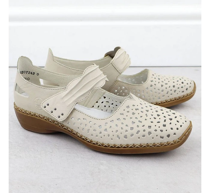 Dámská kožená prolamovaná obuv na suchý zip béžové barvy Rieker 41399-14