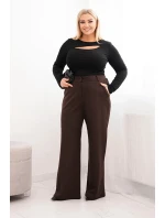 Dámské kalhoty Plus Size s širokou nohavicí a elastickým pasem hnědé Dámské kalhoty Plus Size s širokou nohavicí a elastickým pasem hnědé