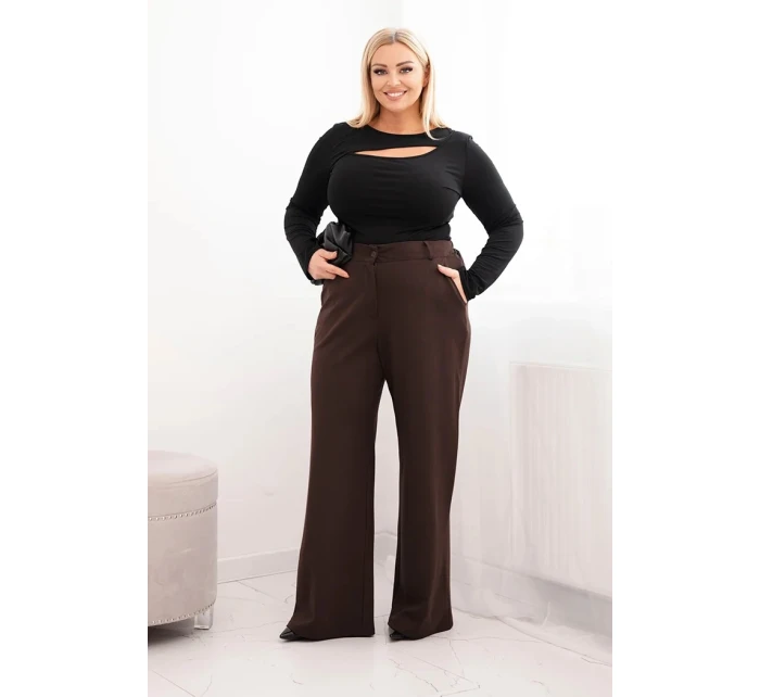 Dámské kalhoty Plus Size s širokou nohavicí a elastickým pasem hnědé Dámské kalhoty Plus Size s širokou nohavicí a elastickým pasem hnědé
