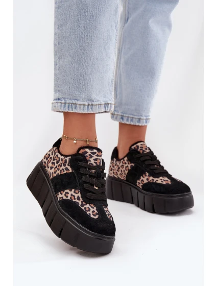 Semišové zateplené dámské tenisky na masivní platformě model 21707648 Panterka Černé - VINCEZA