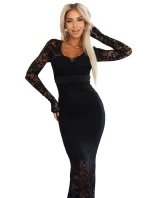 620-1 Večerní krajkové síťované maxi šaty s dlouhými rukávy - černé
