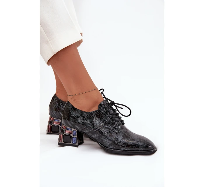 Kožené lakované dámské lodičky na podpatku s krystaly Artiker 57C0072 šedé