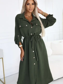 model 21146238 Midi košilka se zlatými knoflíky a vázáním KHAKI - numoco basic
