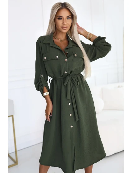model 21146238 Midi košilka se zlatými knoflíky a vázáním KHAKI - numoco basic