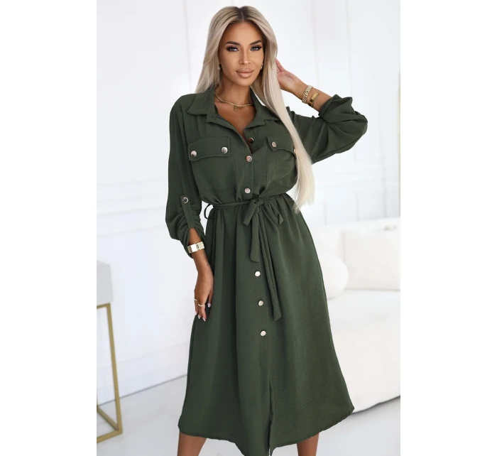 model 21146238 Midi košilka se zlatými knoflíky a vázáním KHAKI - numoco basic