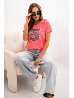 Dámská blůza s krátkým rukávem a nášivkou s perlami neonově růžová