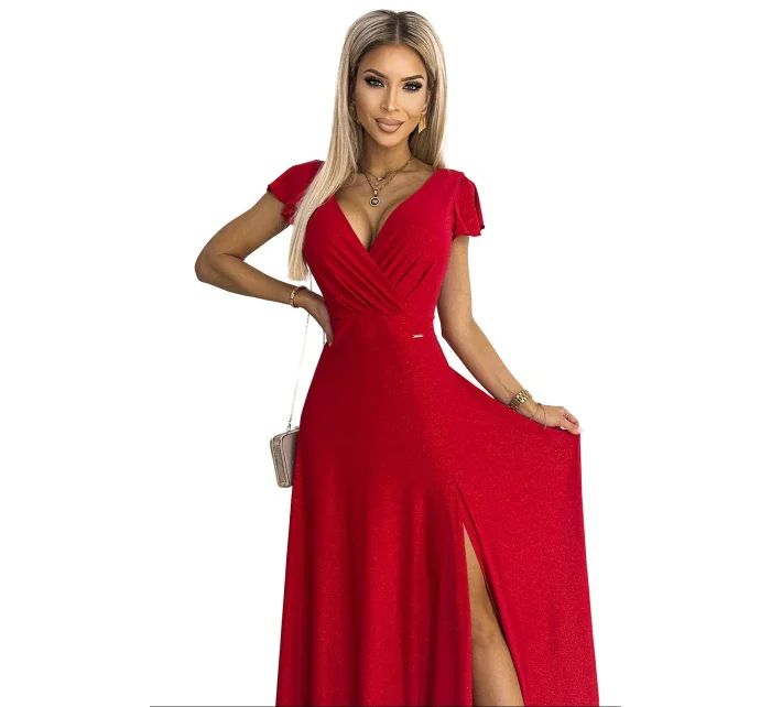 411-2 CRYSTAL lesklé dlouhé šaty s výstřihem - ČERVENÉ