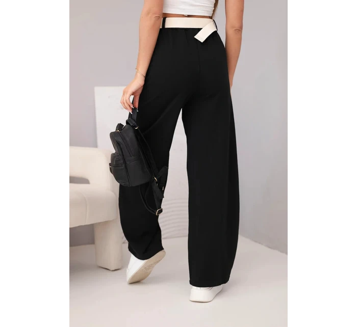 Dámské bavlněné kalhoty se širokými nohavicemi a páskem černé Dámské bavlněné kalhoty se širokými nohavicemi a páskem černé