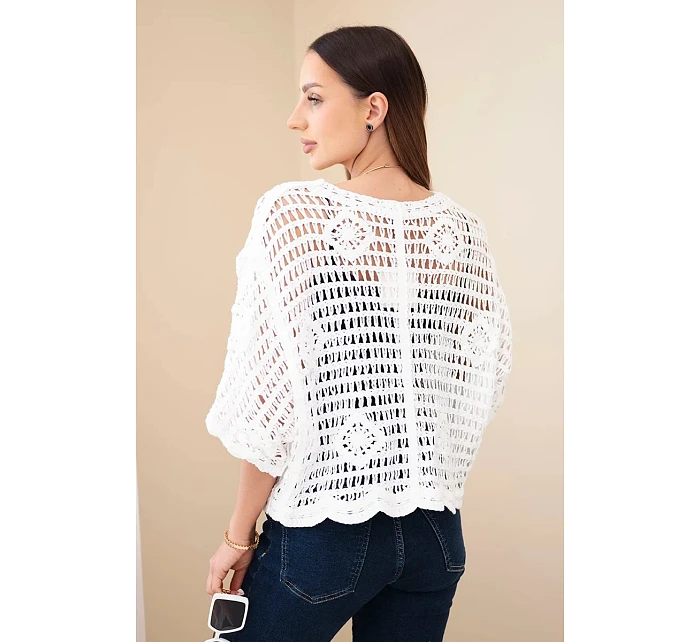 Dámský bavlněný prolamovaný svetr zapínaný na knoflíky s krátkým rukávem bílý