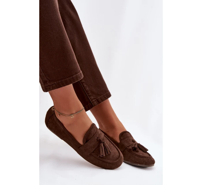 Dámské mokasíny ploché s třásněmi čokoládové model 21919069 - Boto