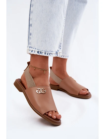 Kožené sandály se zlatým detailem model 22122960 světle hnědé - Zazoo