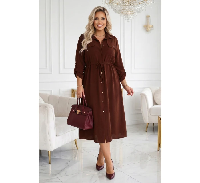 651-1 Šaty midi s knoflíky a páskem - čokoládové 651-1 Šaty midi s knoflíky a páskem - čokoládové