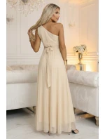 656-2 Dlouhé třpytivé večerní šaty na jedno rameno - šampaňsko-béžové