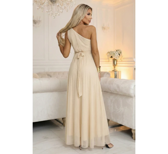 656-2 Dlouhé třpytivé večerní šaty na jedno rameno - šampaňsko-béžové