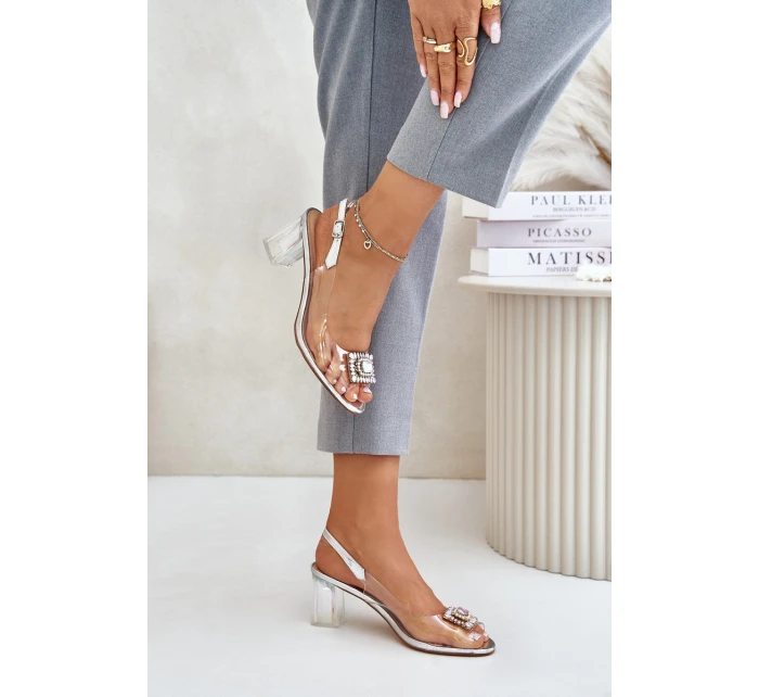 Průhledné sandály s broží na sloupku MR42-031 stříbrné