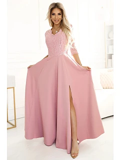 Dámské dlouhé krajkové šaty model 22074821 AMBER pudrově růžové - numoco