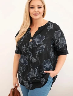 Dámská bavlněná halenka Plus Size s květinovým vzorem černá