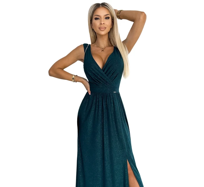 Dlouhé dámské šaty v lahvově zelené barvě s výstřihem a rozparkem na noze model 18568266 - numoco