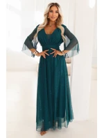 Dlouhé lesklé plus size šaty s výstřihem a rukávy lahvově zelené model 21808977 - numoco basic