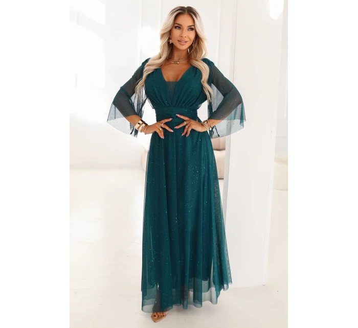 654-1 Dlouhé lesklé plus size šaty s výstřihem a průhlednými rukávy - lahvově zelené 654-1 Dlouhé lesklé plus size šaty s výstřihem a průhlednými rukávy - lahvově zelené