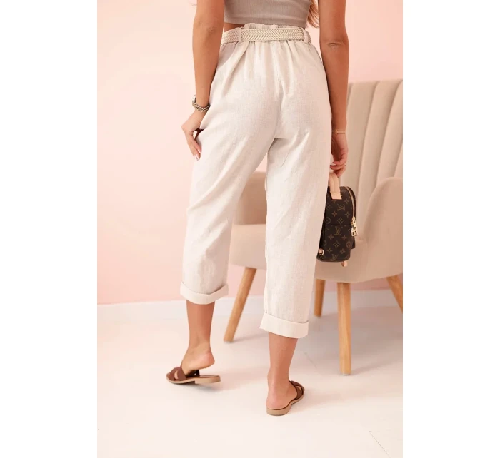 Dámské lněné kalhoty s bavlnou a páskem béžové Dámské lněné kalhoty s bavlnou a páskem béžové
