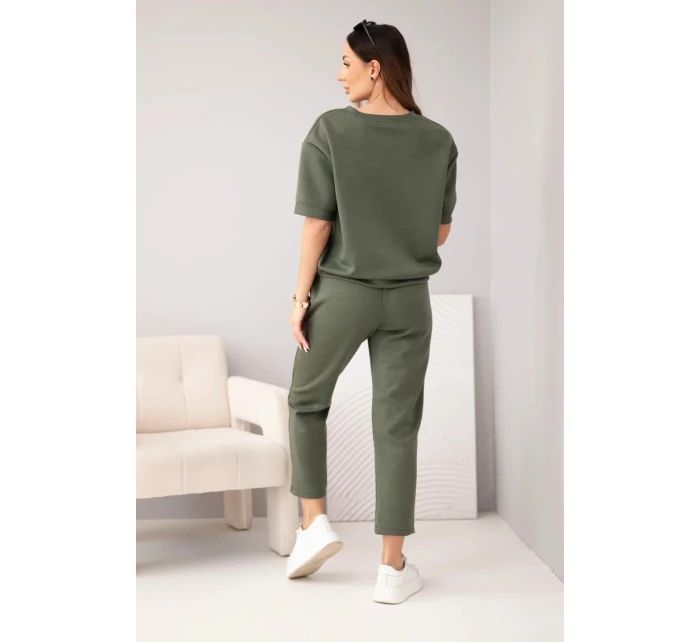 Dámská souprava viskózová máslová s krátkým rukávem a kalhotami s ohrnutým nohavicí khaki