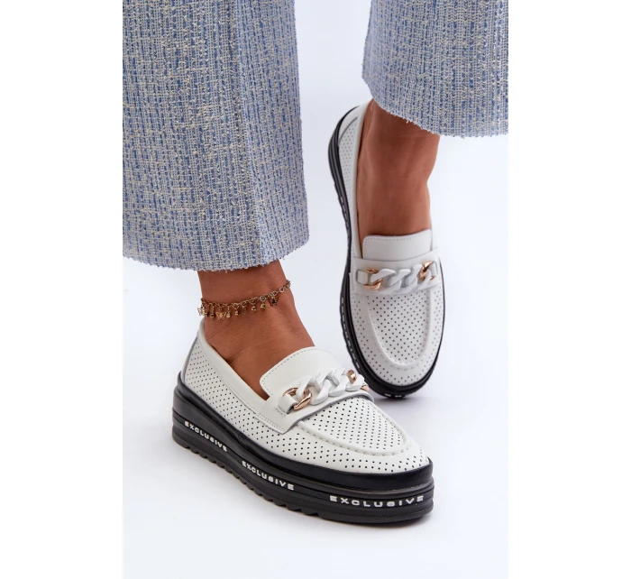 Dámské kožené mokasíny na platformě s řetízkem S.Barski LR618 Bílé