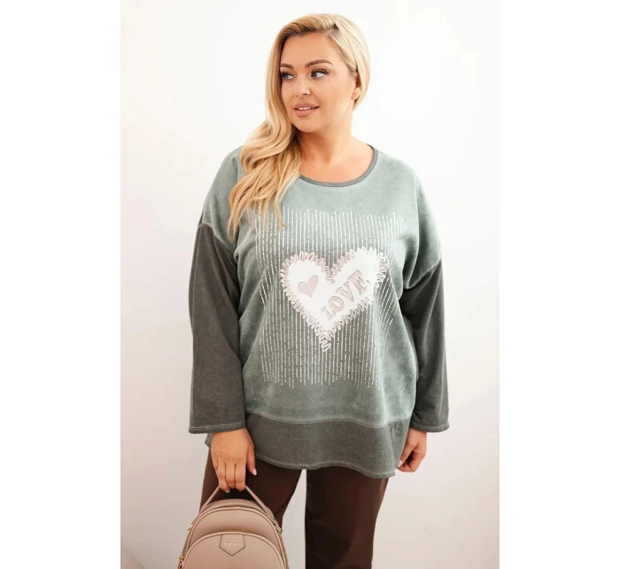 Dámská mikina Plus Size bavlněná s potiskem srdce a šňůrkami khaki