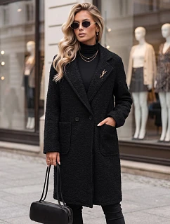 Dámský dvouřadý kabát z ovčí kůže s broží, černý, NY0782