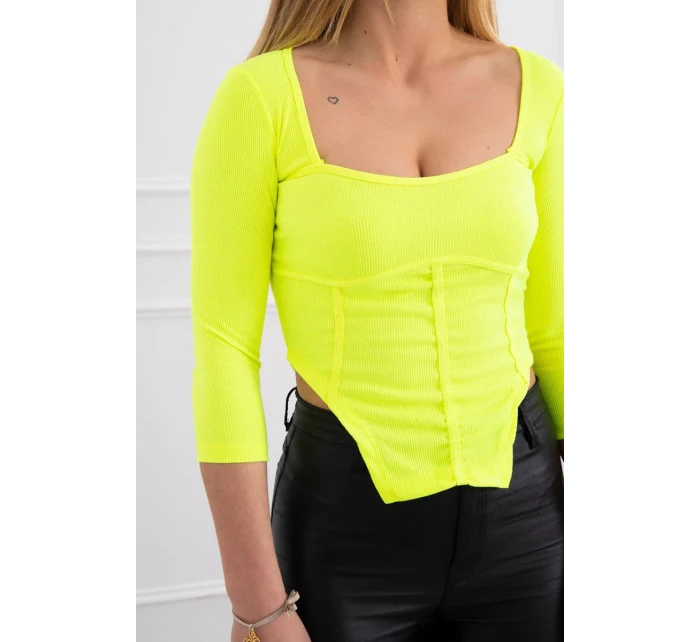 Žebrovaná halenka s výstřihem žlutá neonová