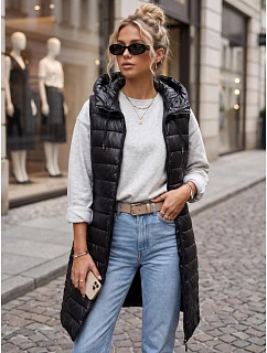 Dlouhá dámská prošívaná vesta s kapucí, černá, FashionStreet TY5260