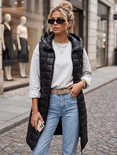 Dlouhá dámská prošívaná vesta s kapucí, černá, FashionStreet TY5260