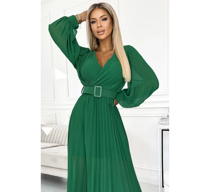 KLARA Světle zelené dámské plisované šaty s výstřihem a opaskem model 21109897 - numoco basic